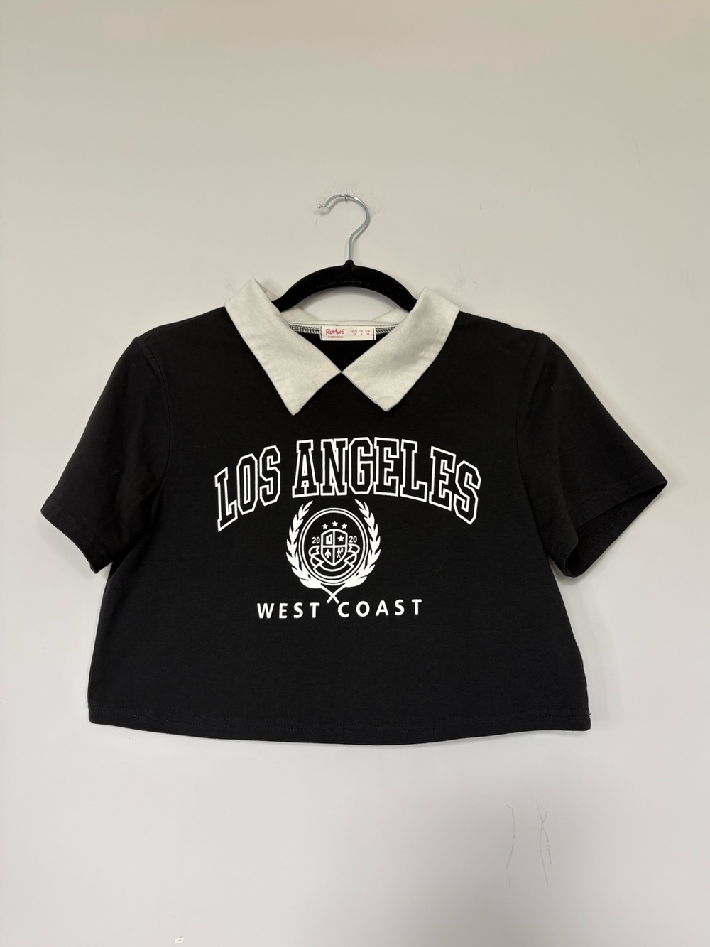 ROMWE LOS ANGELES BLACK CROPPED TOP Size XS West Coat Collared Black & White